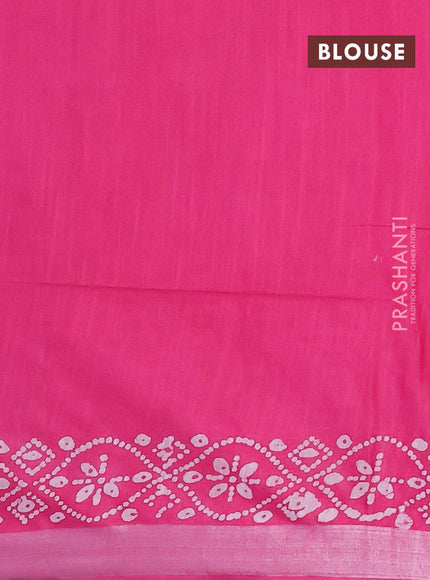 Linen cotton saree pink with allover batik butta prints and silver zari woven border