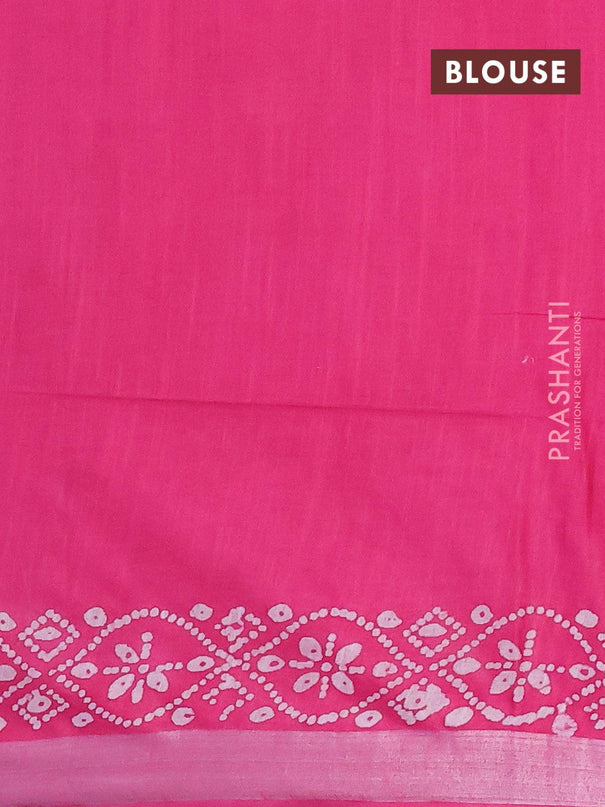 Linen cotton saree pink with allover batik butta prints and silver zari woven border