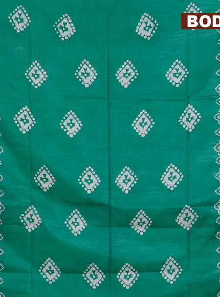 Linen cotton saree green with allover batik butta prints and silver zari woven border