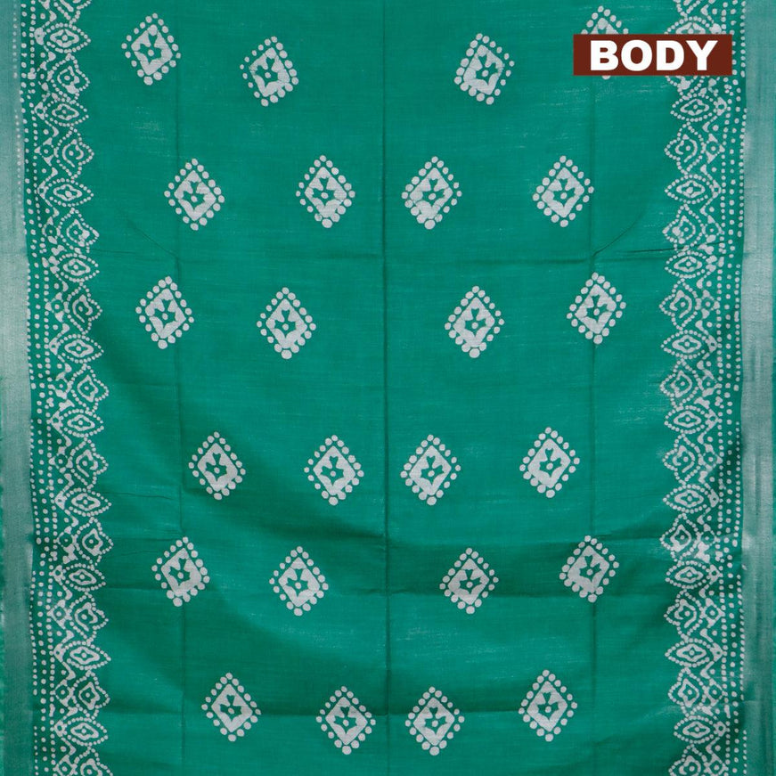 Linen cotton saree green with allover batik butta prints and silver zari woven border