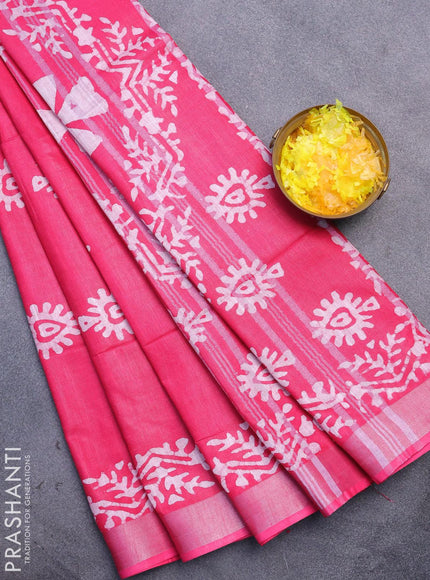 Linen cotton saree pink with allover batik butta prints and silver zari woven border