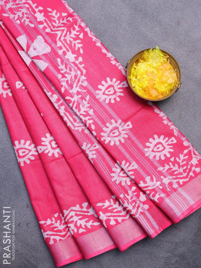 Linen cotton saree pink with allover batik butta prints and silver zari woven border