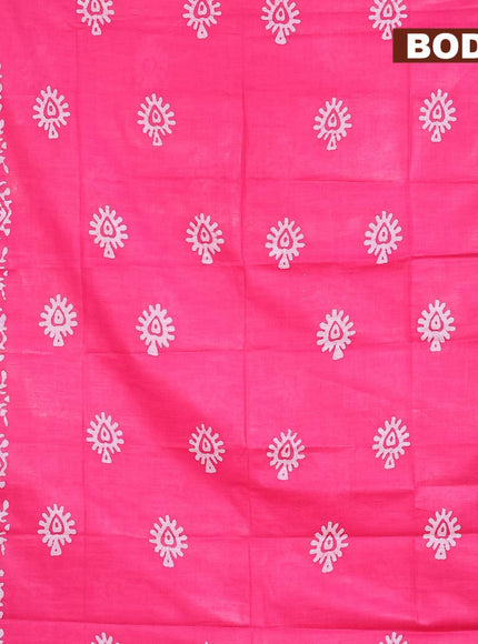 Linen cotton saree pink with allover batik butta prints and silver zari woven border