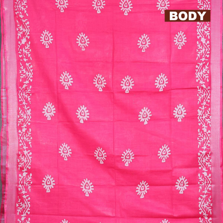 Linen cotton saree pink with allover batik butta prints and silver zari woven border