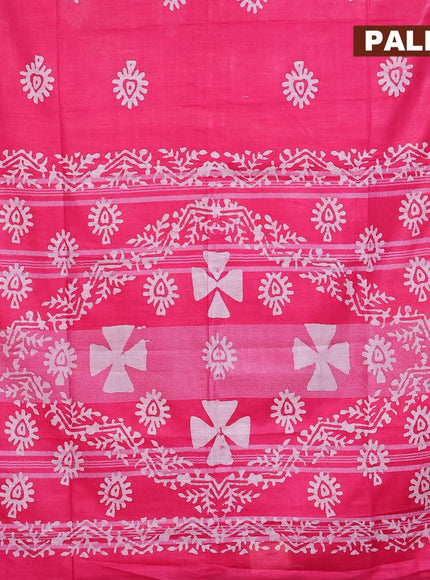 Linen cotton saree pink with allover batik butta prints and silver zari woven border