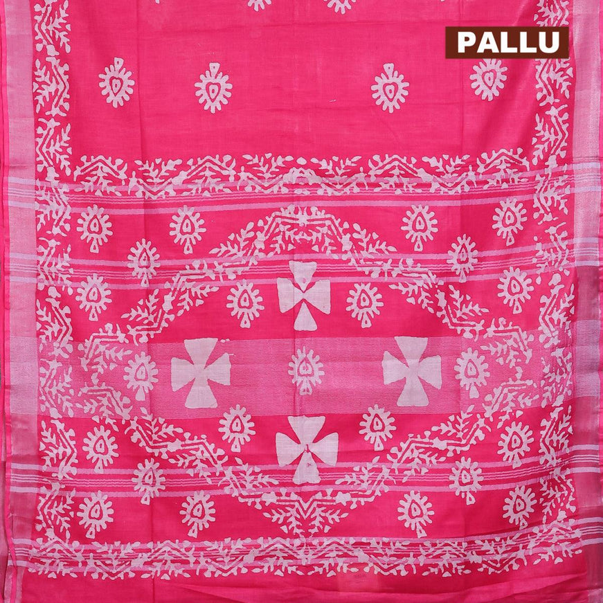 Linen cotton saree pink with allover batik butta prints and silver zari woven border