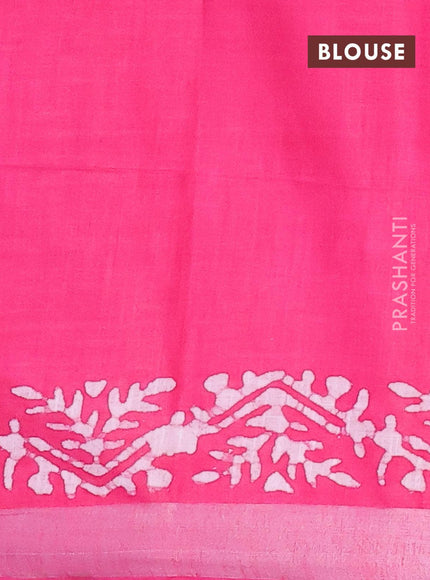 Linen cotton saree pink with allover batik butta prints and silver zari woven border