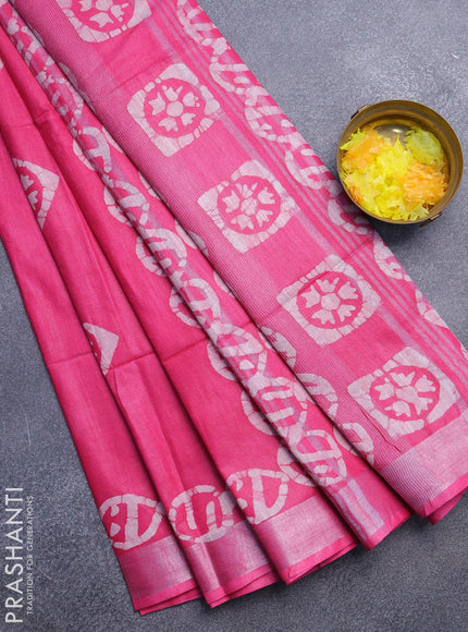 Linen cotton saree pink with allover batik butta prints and silver zari woven border