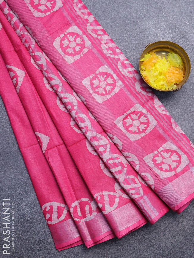 Linen cotton saree pink with allover batik butta prints and silver zari woven border