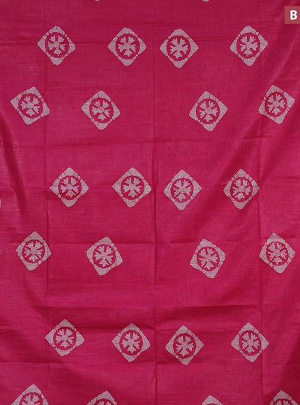 Linen cotton saree pink with allover batik butta prints and silver zari woven border