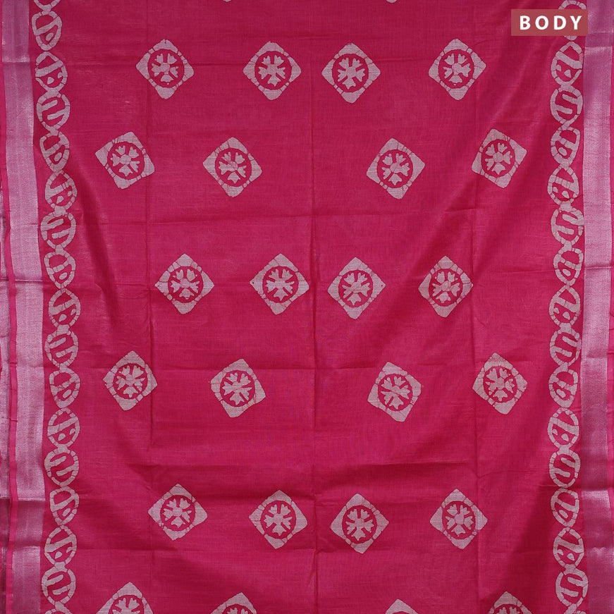 Linen cotton saree pink with allover batik butta prints and silver zari woven border