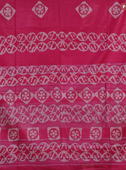 Linen cotton saree pink with allover batik butta prints and silver zari woven border