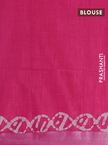 Linen cotton saree pink with allover batik butta prints and silver zari woven border