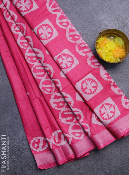 Linen cotton saree pink with allover batik butta prints and silver zari woven border