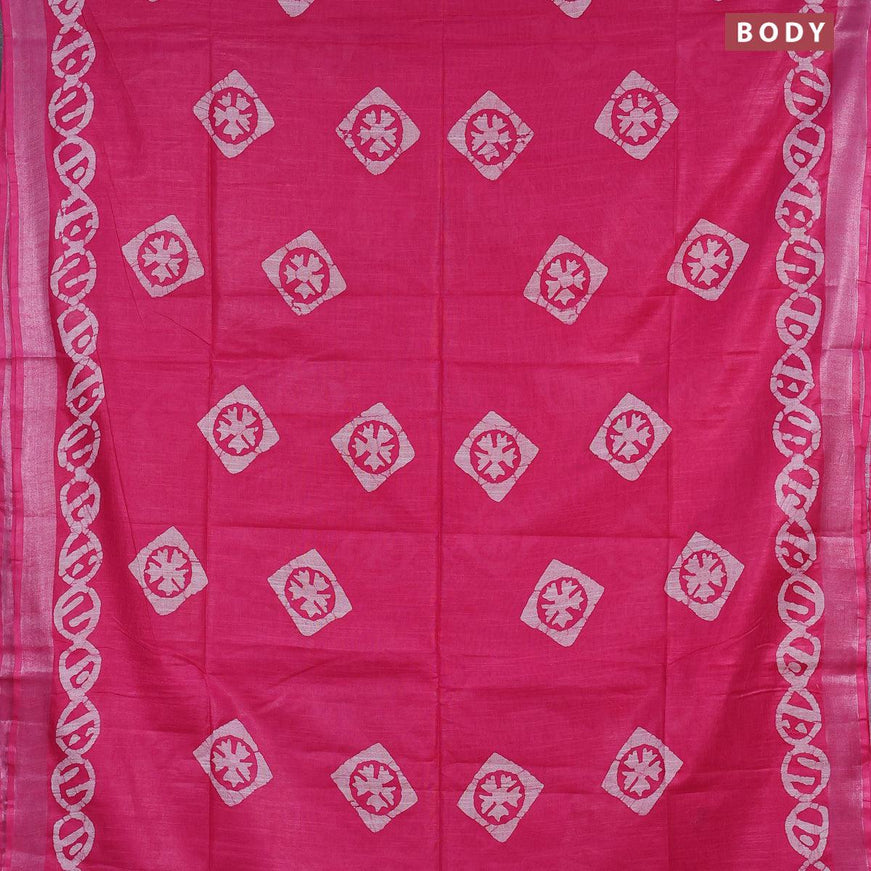 Linen cotton saree pink with allover batik butta prints and silver zari woven border