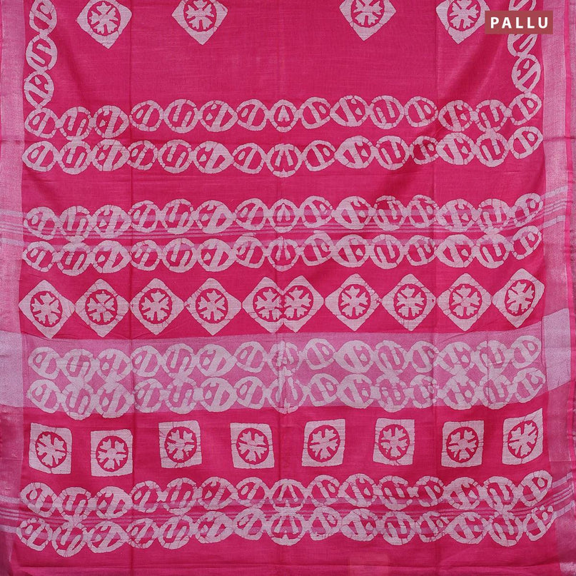 Linen cotton saree pink with allover batik butta prints and silver zari woven border