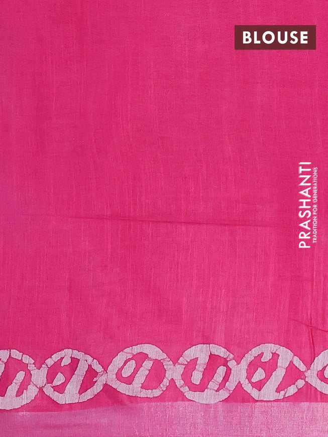 Linen cotton saree pink with allover batik butta prints and silver zari woven border