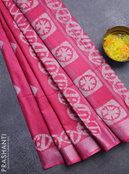 Linen cotton saree pink with allover batik butta prints and silver zari woven border