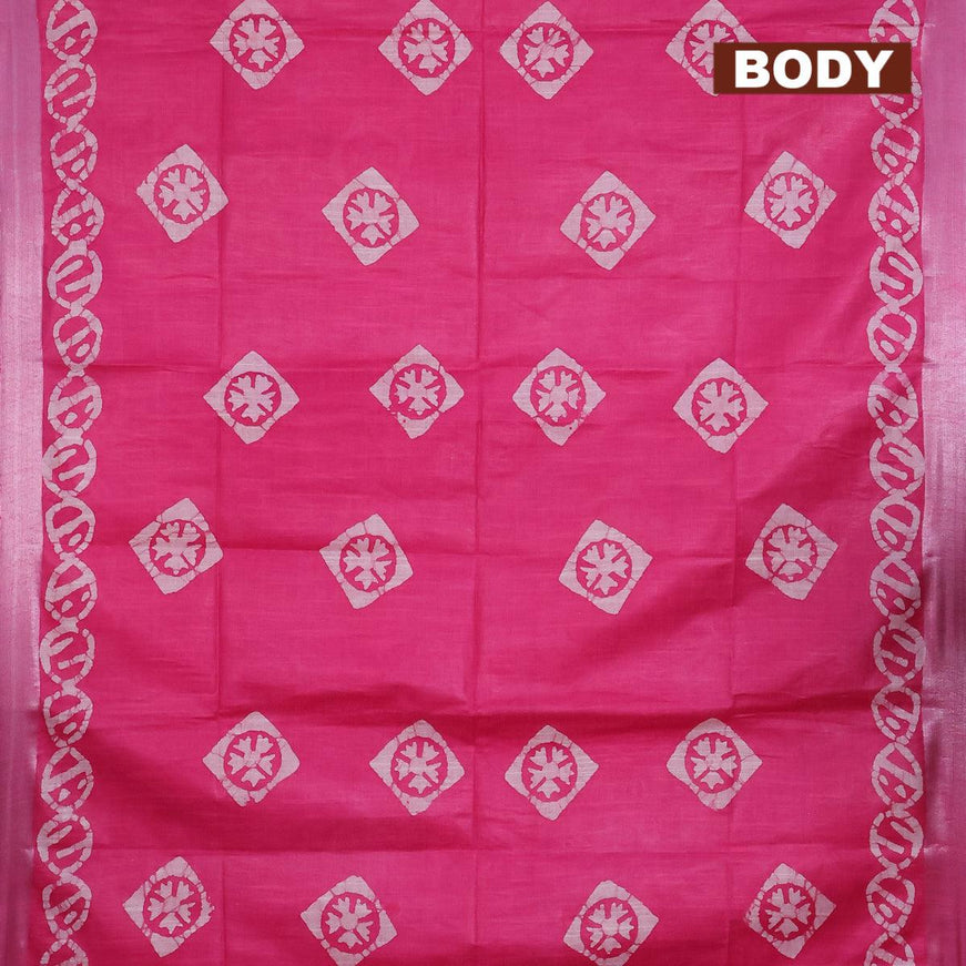 Linen cotton saree pink with allover batik butta prints and silver zari woven border