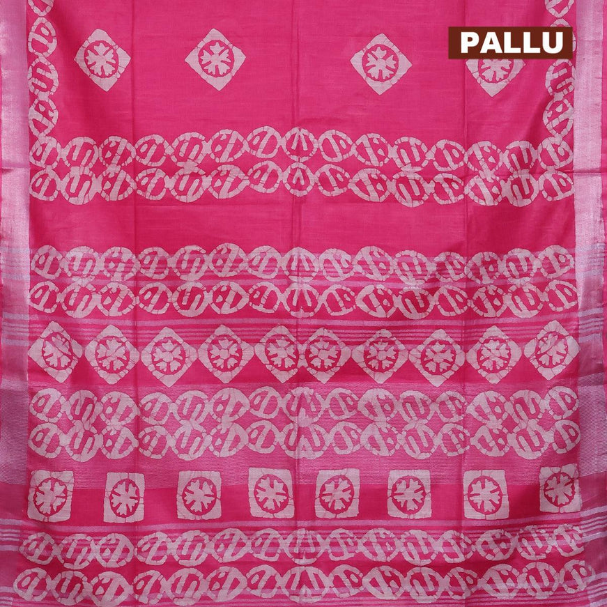 Linen cotton saree pink with allover batik butta prints and silver zari woven border