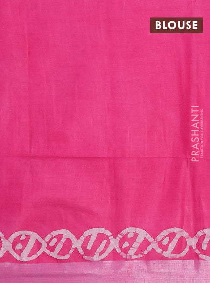 Linen cotton saree pink with allover batik butta prints and silver zari woven border