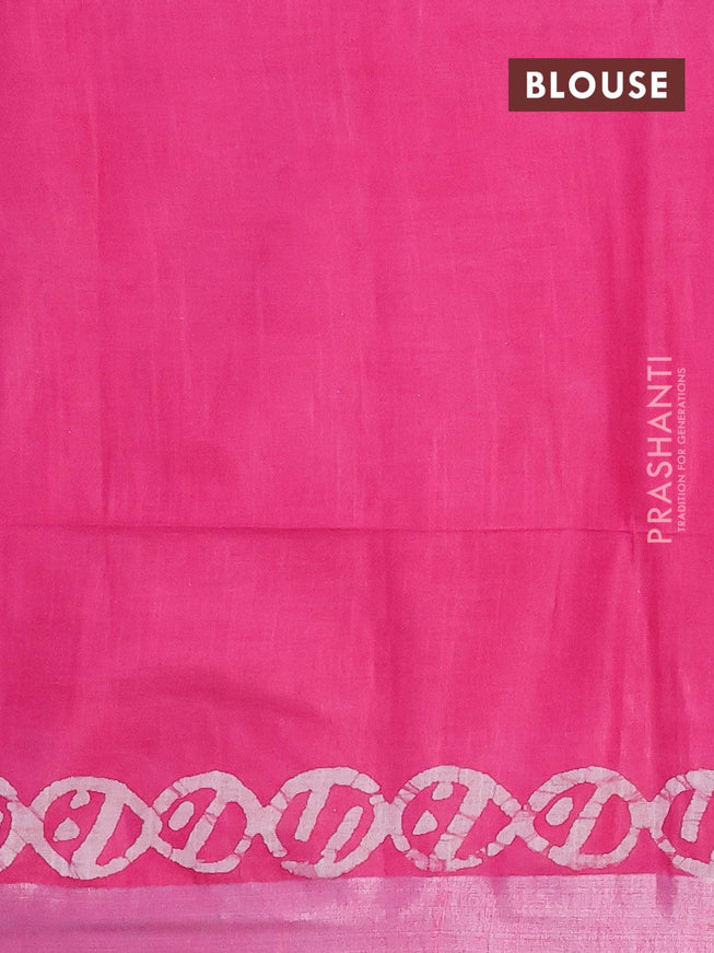 Linen cotton saree pink with allover batik butta prints and silver zari woven border