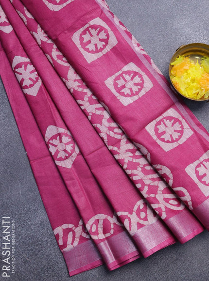 Linen cotton saree dark magenta with allover batik butta prints and silver zari woven border