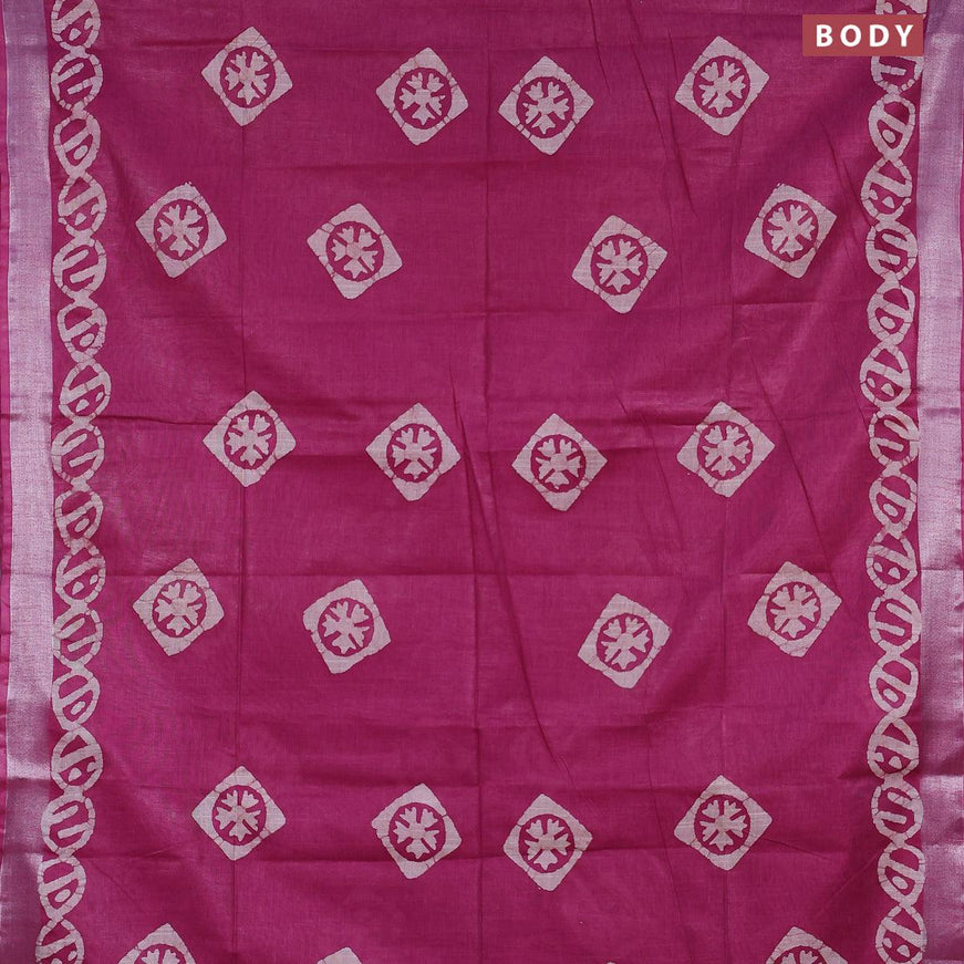 Linen cotton saree dark magenta with allover batik butta prints and silver zari woven border