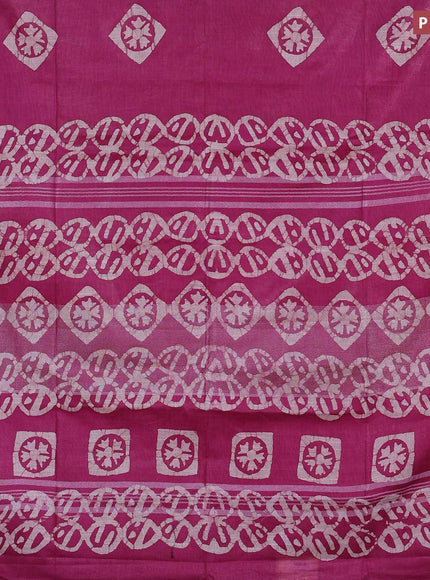 Linen cotton saree dark magenta with allover batik butta prints and silver zari woven border