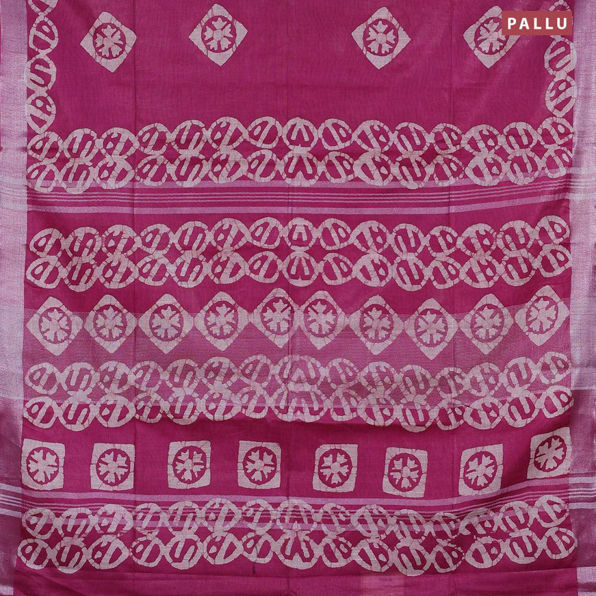 Linen cotton saree dark magenta with allover batik butta prints and silver zari woven border