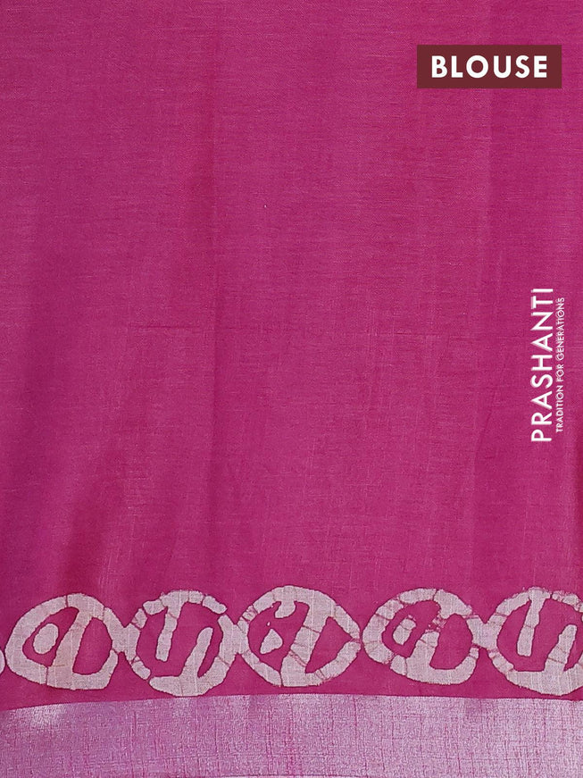 Linen cotton saree dark magenta with allover batik butta prints and silver zari woven border