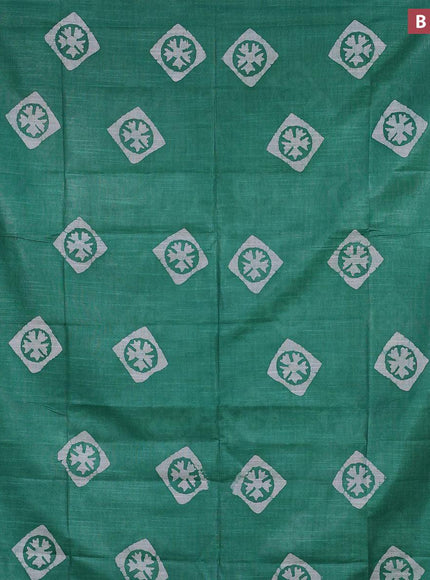 Linen cotton saree green with allover batik butta prints and silver zari woven border