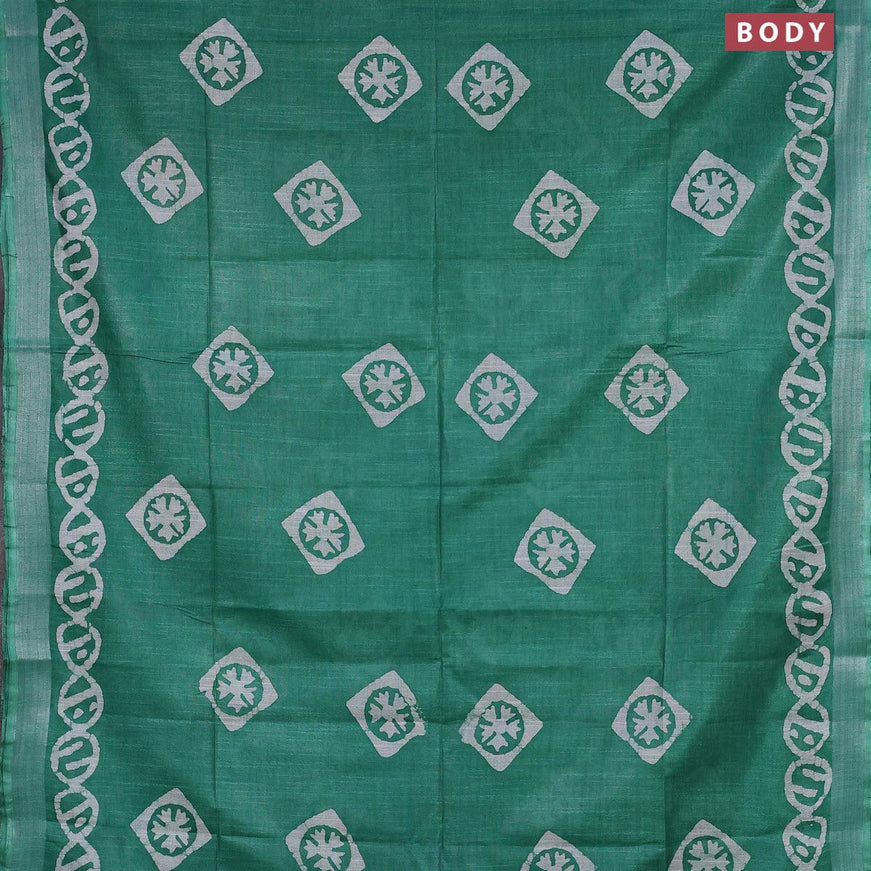 Linen cotton saree green with allover batik butta prints and silver zari woven border