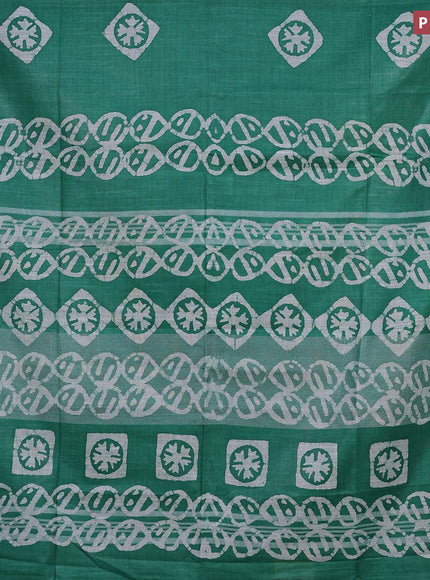 Linen cotton saree green with allover batik butta prints and silver zari woven border