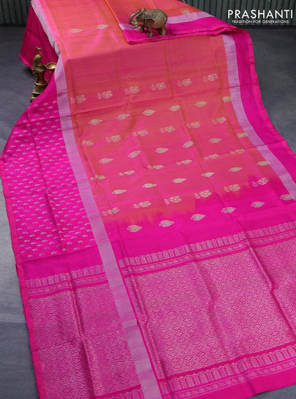 Pure uppada silk saree dual shade of pinkish yellow and magenta pink with thread & silver zari woven buttas and long silver zari woven paisley butta border