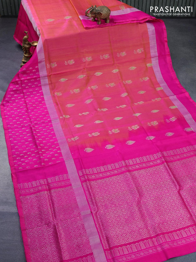 Pure uppada silk saree dual shade of pinkish yellow and magenta pink with thread & silver zari woven buttas and long silver zari woven paisley butta border