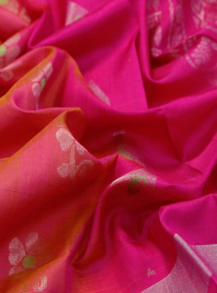 Pure uppada silk saree dual shade of pinkish yellow and magenta pink with thread & silver zari woven buttas and long silver zari woven paisley butta border