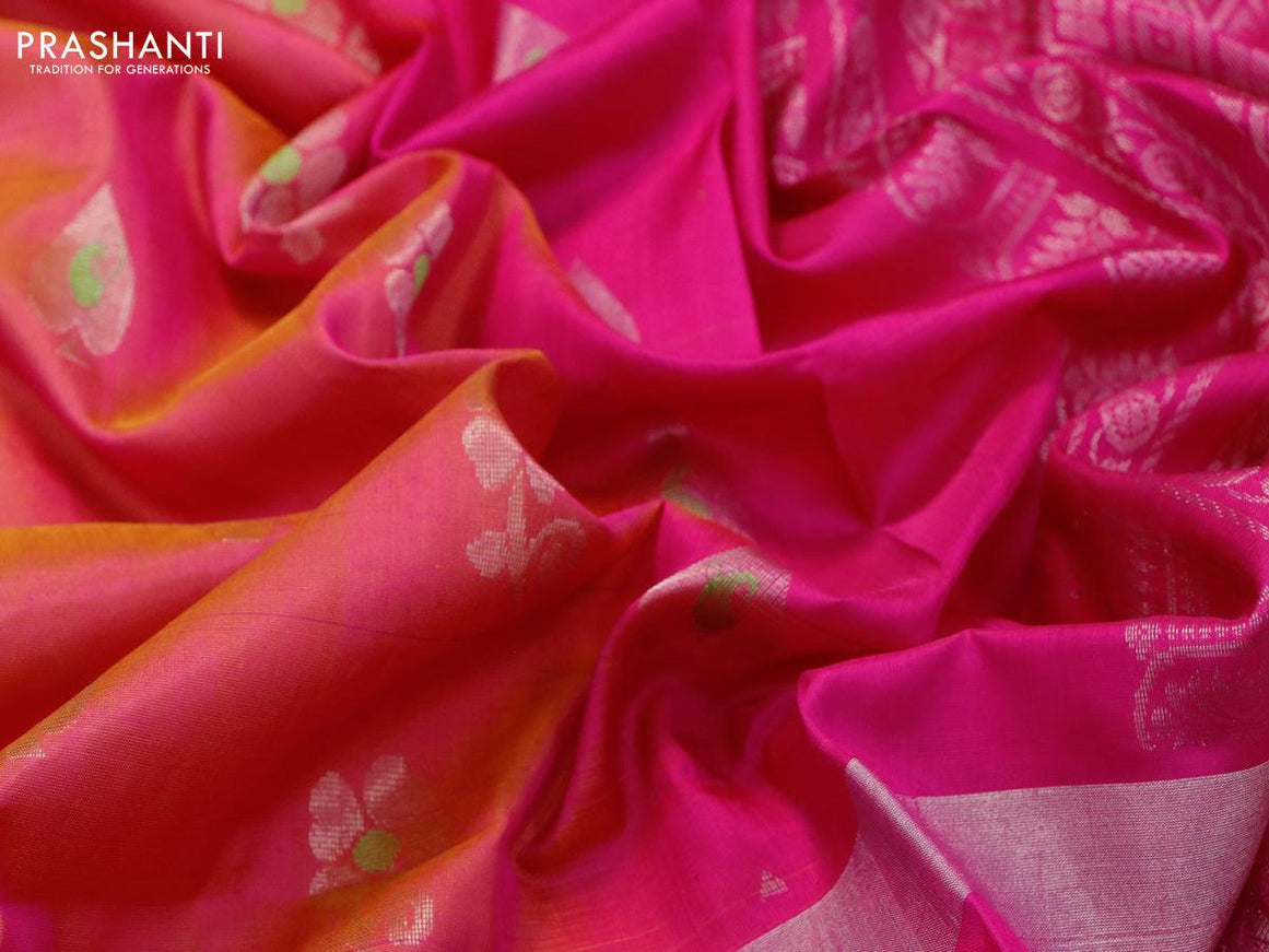 Pure uppada silk saree dual shade of pinkish yellow and magenta pink with thread & silver zari woven buttas and long silver zari woven paisley butta border