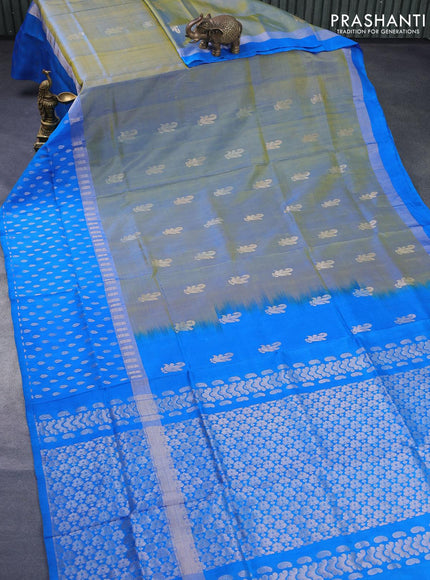 Pure uppada silk saree dual shade of bluish light green and cs blue with silver zari woven buttas and long silver zari woven butta border