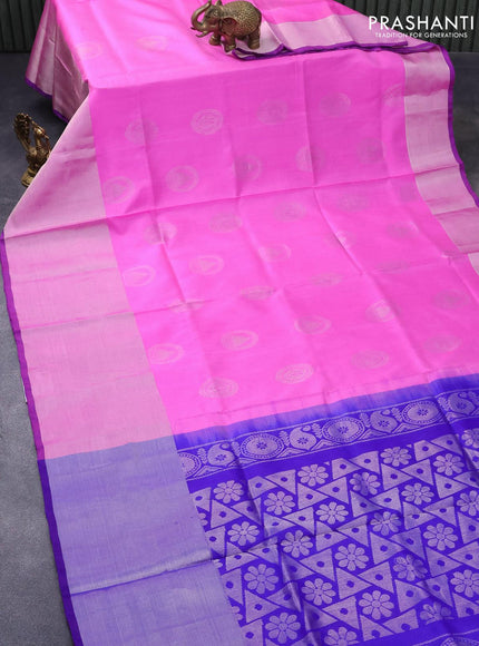 Pure uppada silk saree light pink and blue with silver zari woven buttas and long silver zari woven border