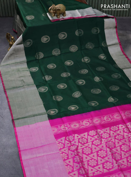 Pure uppada silk saree green and magenta pink with silver zari woven buttas and silver zari woven border