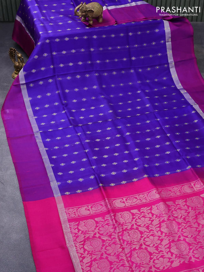 Pure uppada silk saree blue and pink with silver zari woven floral buttas and silver zari woven simple border