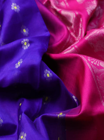 Pure uppada silk saree blue and pink with silver zari woven floral buttas and silver zari woven simple border