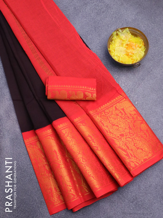 Sungudi cotton saree deeo coffee brown and reddish orange with plain body and long zari woven border with separate blouse