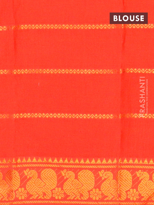 Sungudi cotton saree deeo coffee brown and reddish orange with plain body and long zari woven border with separate blouse