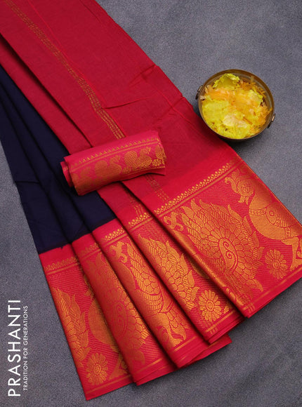 Sungudi cotton saree navy blue and pink with plain body and long zari woven annam border with separate blouse