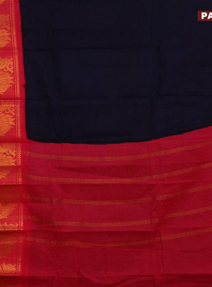 Sungudi cotton saree navy blue and pink with plain body and long zari woven annam border with separate blouse