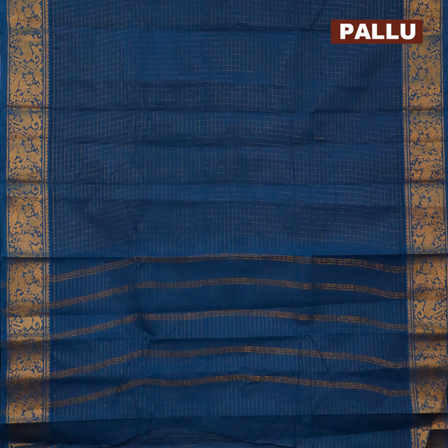Sungudi cotton saree dark peacock blue with allover zari checked pattern and zari woven annam border with separate blouse