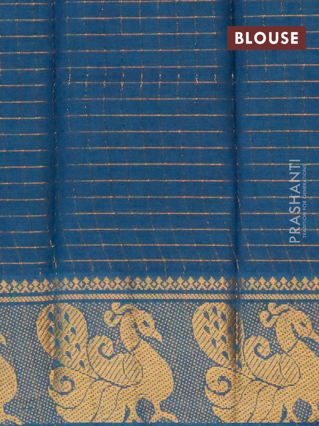 Sungudi cotton saree dark peacock blue with allover zari checked pattern and zari woven annam border with separate blouse