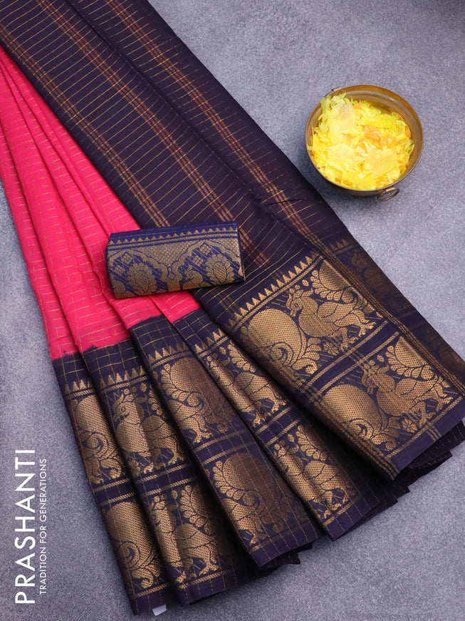 Sungudi cotton saree dark pink and wine shade with allover zari checked pattern and long zari woven annam border with separate blouse